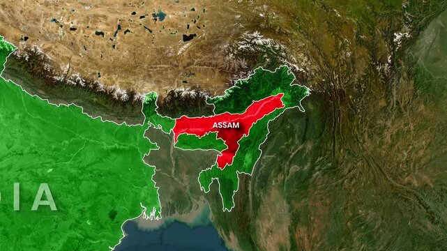 Detailed satellite footage highlights the geographical location of Assam within India