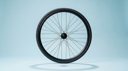 Fototapeta premium Bicycle wheel standing upright in minimalist studio setting