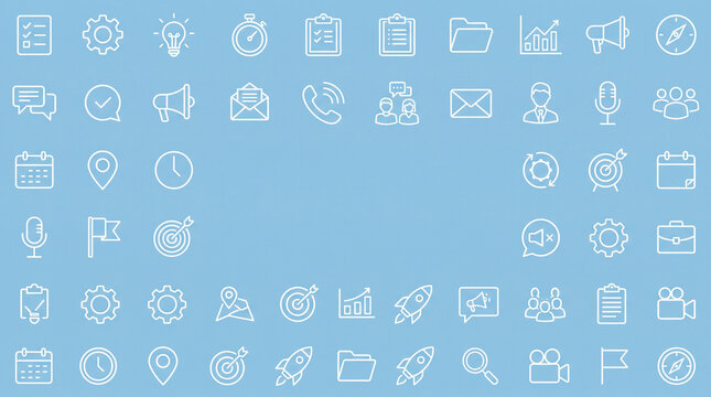 Business communication and management line icons set with blank central copy space
