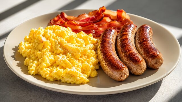 sausages on a plate with scrambled eggs and bacon , kitchen breakfast, morning sunlight.