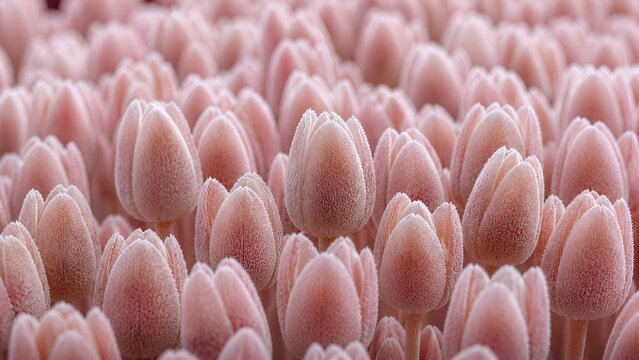 Close-up of buds of soft powdery tulips, located at the bottom of the generation, hundreds of pieces, in the background of a photo studio.