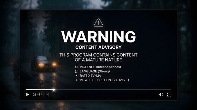 A video player displaying a mature content warning advisory screen with text about violence and strong language, set against a dark, rainy forest background with a car.