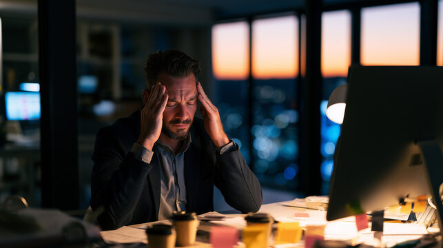 Stressed Male Businessman Rubbing Temples Suffering Headache from Late Night Overtime Workload Pressure