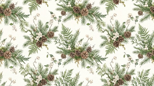 Seamless Watercolor Pattern of Winter Forest Elements with Pine Cones and Berries
