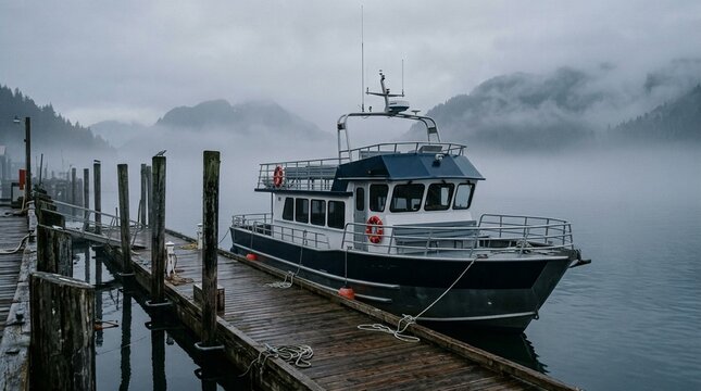 Whale Watching Tour Boat at Dock Early Morning Alaska Mist &mdash; Eco Tourism Concept
