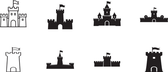 Obraz premium Castle icon set with medieval fortress, palace, tower, and historic architecture vector illustrations.