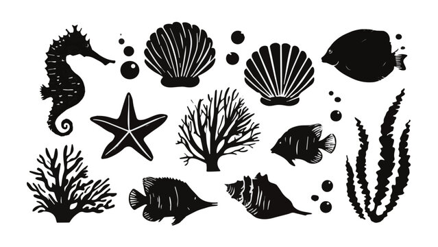 Underwater Marine Life and Coral Reef Scene in Black and White.