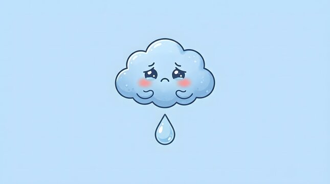 A cute sad cartoon cloud with rosy cheeks crying a single tear on a light blue background.