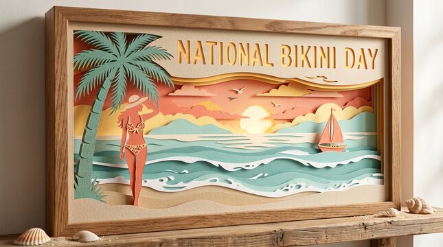 National Bikini Day 3D paper cut art featuring a woman on a tropical beach sunset. Includes palm trees, ocean waves, and a sailboat within a wooden shadowbox frame.