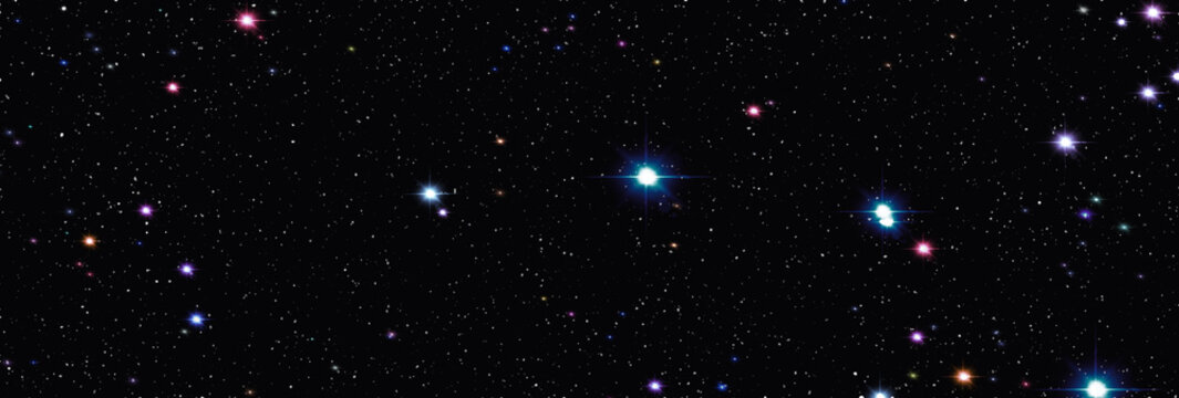 A panoramic cosmic starfield in outer space with bright, shining stars