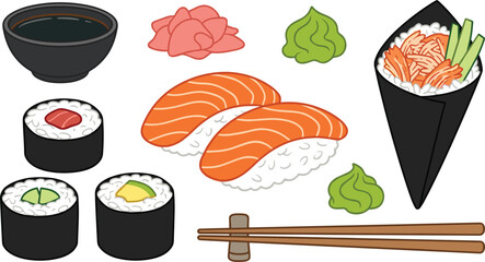 Japanese Sushi and Roll Vector Illustration Set featuring Salmon Nigiri Maki Temaki Handroll Soy Sauce Wasabi and Chopsticks for Restaurant Menu Designs © Lota