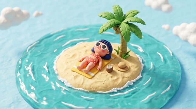 Claymation woman in red polka dot bikini sunbathing on tiny tropical island, miniature 3D render, summer vacation, palm tree, blue ocean, Bikini Day concept.