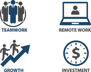 Fototapeta premium Conceptual icons representing teamwork, remote work, growth, and investment in business settings