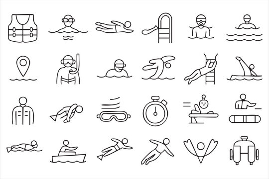 Aquatic Sports Outline Icon Collection with Swimmers and Diving