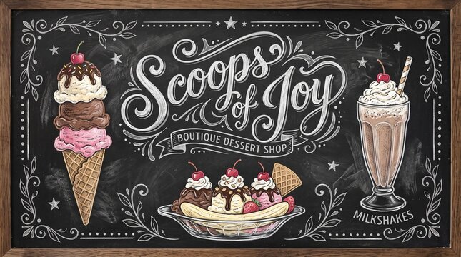 Chalkboard dessert menu for Scoops of Joy; hand-drawn ice cream, banana split, and milkshake for National Ice Cream Day marketing and vintage cafe branding.