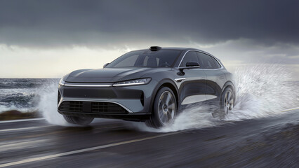 Fototapeta premium Luxury SUV Driving Fast Kicking Up Water Spray On Wet Asphalt