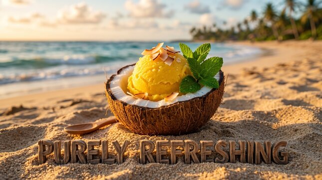 Mango sorbet in coconut bowl on a beach with 'Purely Refreshing' text, tropical summer dessert for National Ice Cream Day.