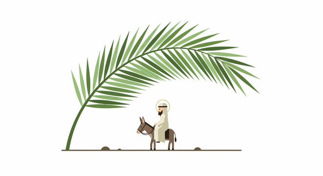 Donkey standing under palm leaf.