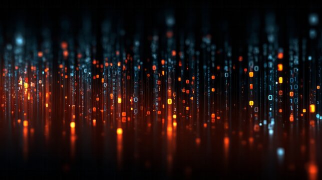 Digital data streams with binary code in red and blue glow.