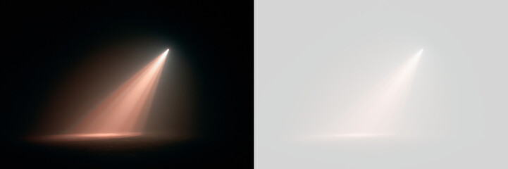 Transparent png of warm glowing spotlight beam overlay with soft volumetric light effect and radiant stage illumination in dark and light backgrounds for design bright ray fog mist studio © Anna Nasiedkina