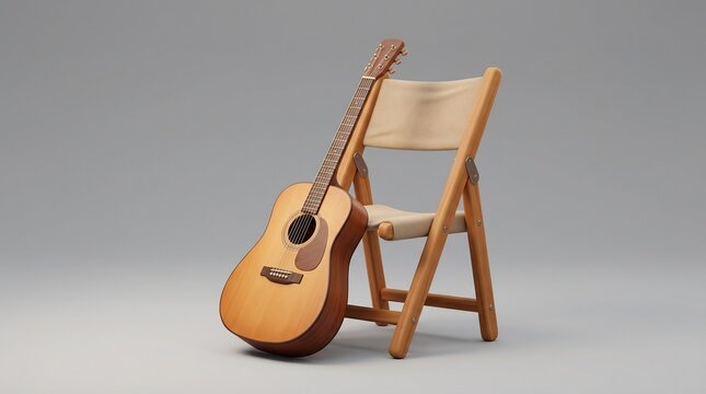 Acoustic guitar leaning on wooden folding chair isolated