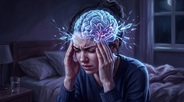 Intense brain freeze suffering, woman with glowing shattered brain effect, migraine pain in dark bedroom, ice cream headache concept, neurological agony.