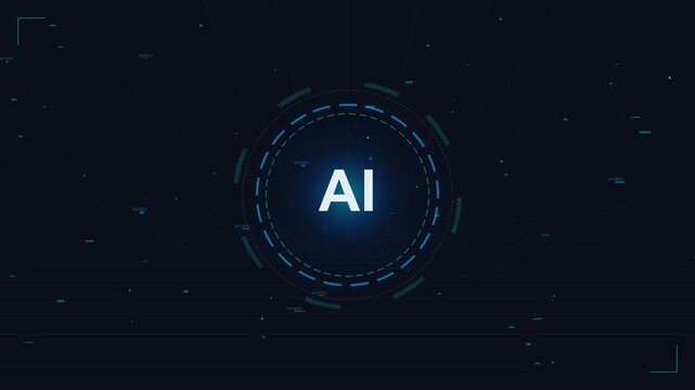 The AI logo glows brightly on a dark futuristic digital background screen