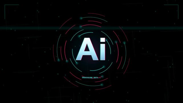 Glowing blue AI logo spinning in a dark futuristic technology environment