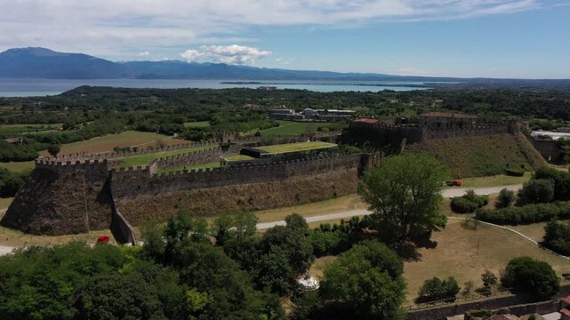 Aerial view of the monumental castle architecture and ramparts in the Lombardy region