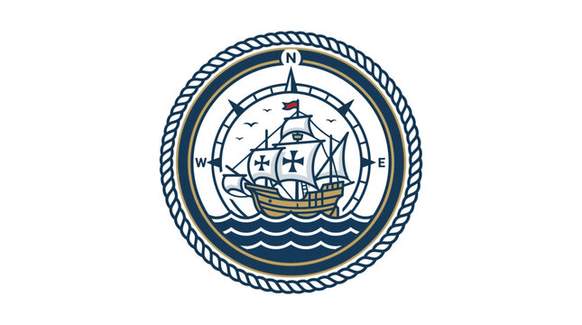 Vintage Sailing Ship Emblem with Compass Rose and Nautical Rope Border