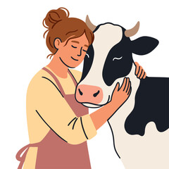 Young woman in an apron hugging a cow, cute farm animal flat style doodle