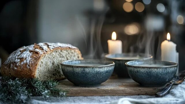 Steaming ceramic bowl of hot soup, rustic baked loaf of hearty bread, and glowing white candle provide a warm cozy winter dining experience on a weathered wooden board