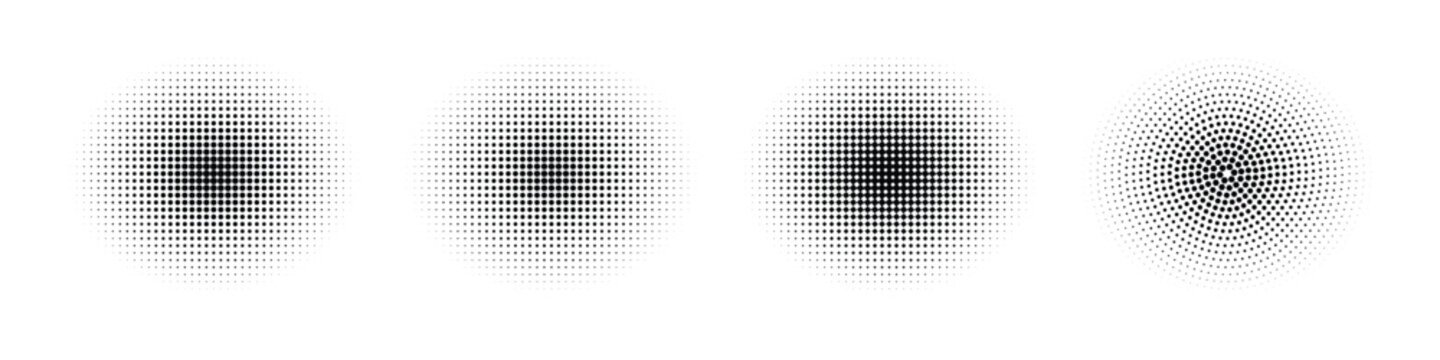 Abstract Halftone Gradient Dot Collection Set. Black Circular Dotted Fade Pattern Isolated on White Background. Vector Print Texture Design
