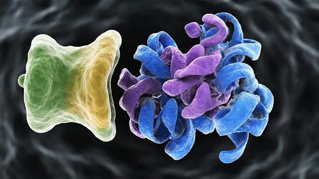 Microscopic View Of A Protein Chaperone Folding A Misfolded Protein In Vibrant Colors Against A Dark Background