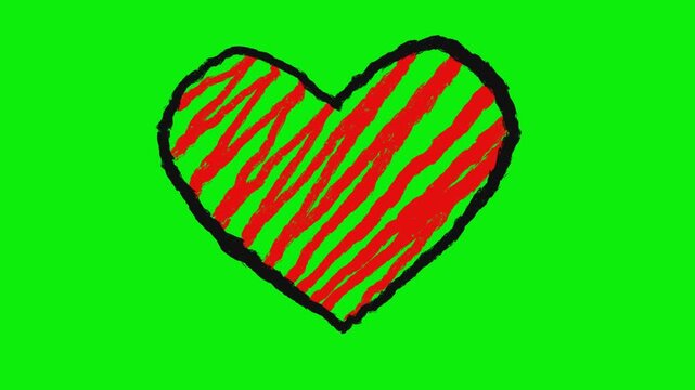Hand-drawn scribble heart animation loop on green screen