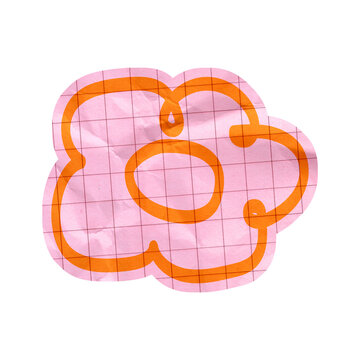Pink crumpled paper flower doodle with orange marker outline on grid paper scrap for scrapbooking and creative collage design