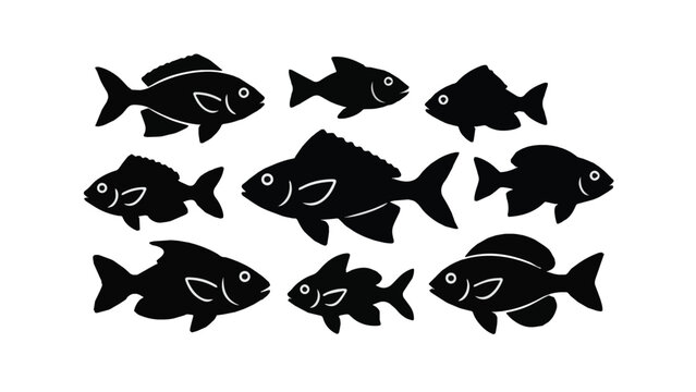 Group of Seven Silhouetted Fish Swimming Together.