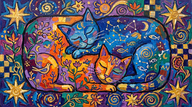 Anamorphic sleeping cats composition forming box shape from overhead perspective illustration
