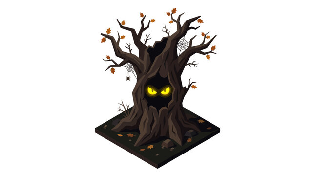 Spooky halloween tree with yellow glowing eyes in autumn. Perfect for halloween designs, haunted house themes, and creepy illustrations.