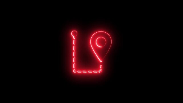 Neon red map location pin with dotted route path animation