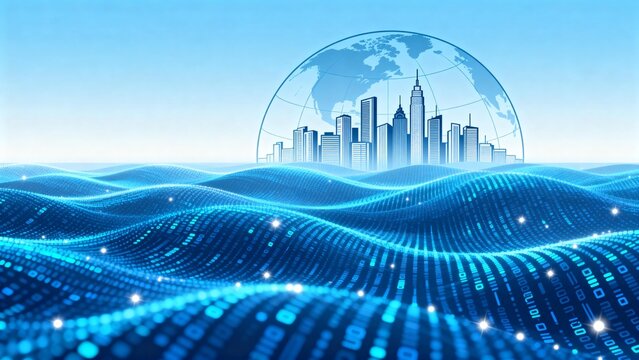 Digital cityscape with binary waves