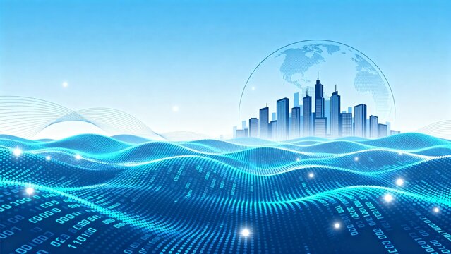 Digital cityscape with binary waves