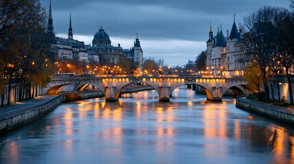 Fototapeta premium Parisian Blue Hour: Golden Illuminations and Elegant Arched Bridges Reflected on the Seine River