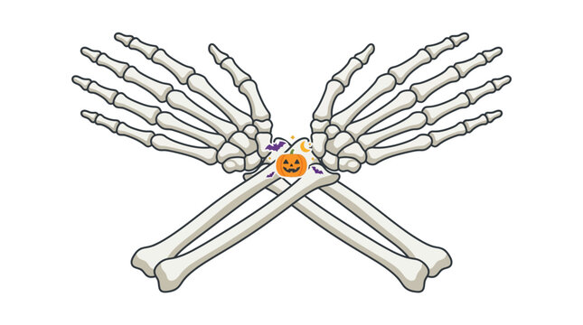 Spooky halloween illustration featuring skeleton hands holding jackolantern, perfect for seasonal designs, party invitations, and candle labels. Creepy vibes guaranteed.