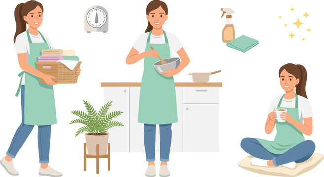 Housewife and Homemaker Character Set with Woman Cooking, Doing Laundry, and Relaxing for Domestic Chores, Cleaning Service, and Lifestyle Designs