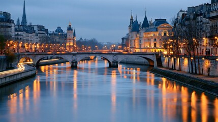 Fototapeta premium Parisian Blue Hour: Golden Illuminations and Elegant Arched Bridges Reflected on the Seine River