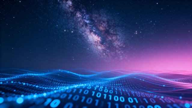 Digital wave with binary code and galaxy