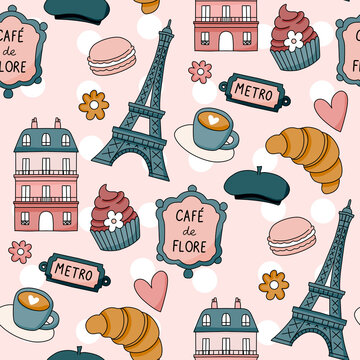Parisian cafe lifestyle seamless pattern with coffee croissant macaron cupcake french building and retro metro sign on cute pink background