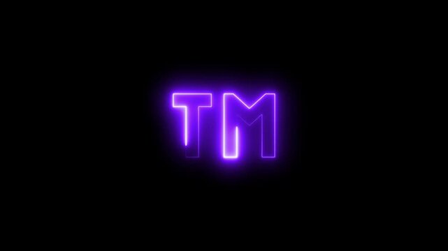 Neon purple tm trademark symbol glowing animation on black background