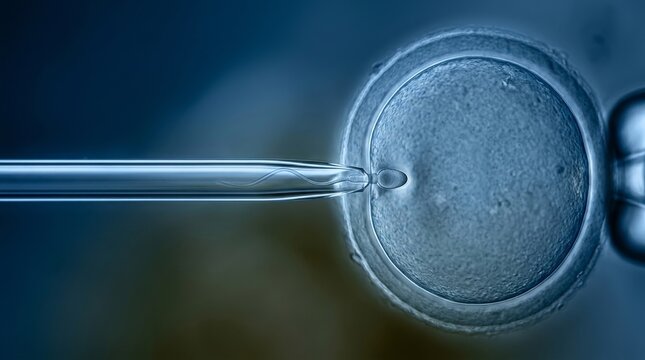 A microscopic view of a micropipette introducing sperm to an ovum during in vitro fertilization